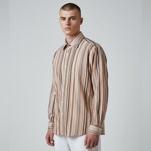 NWOT TD Thomas Dean Striped Flip Cuff 100% Cotton Button Front Shirt Size XL WOW